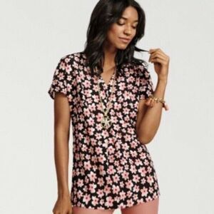 CAbi Harmony Black Pink Floral Print V Neck Short Sleeve Blouse Sz M